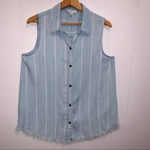 BeachLunchLounge Denim Stripe Shirt W/Fringe Hem